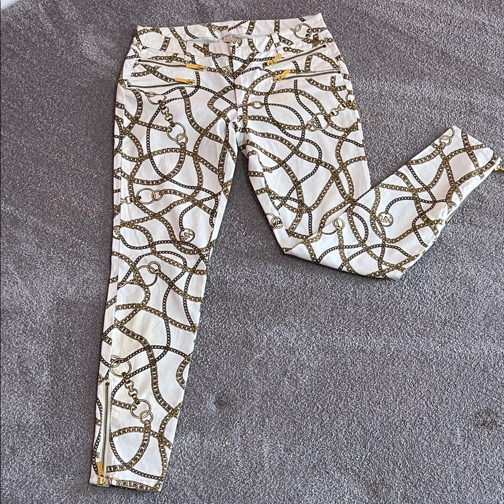 Michael Kors White and Gold Chain Pattern Pants